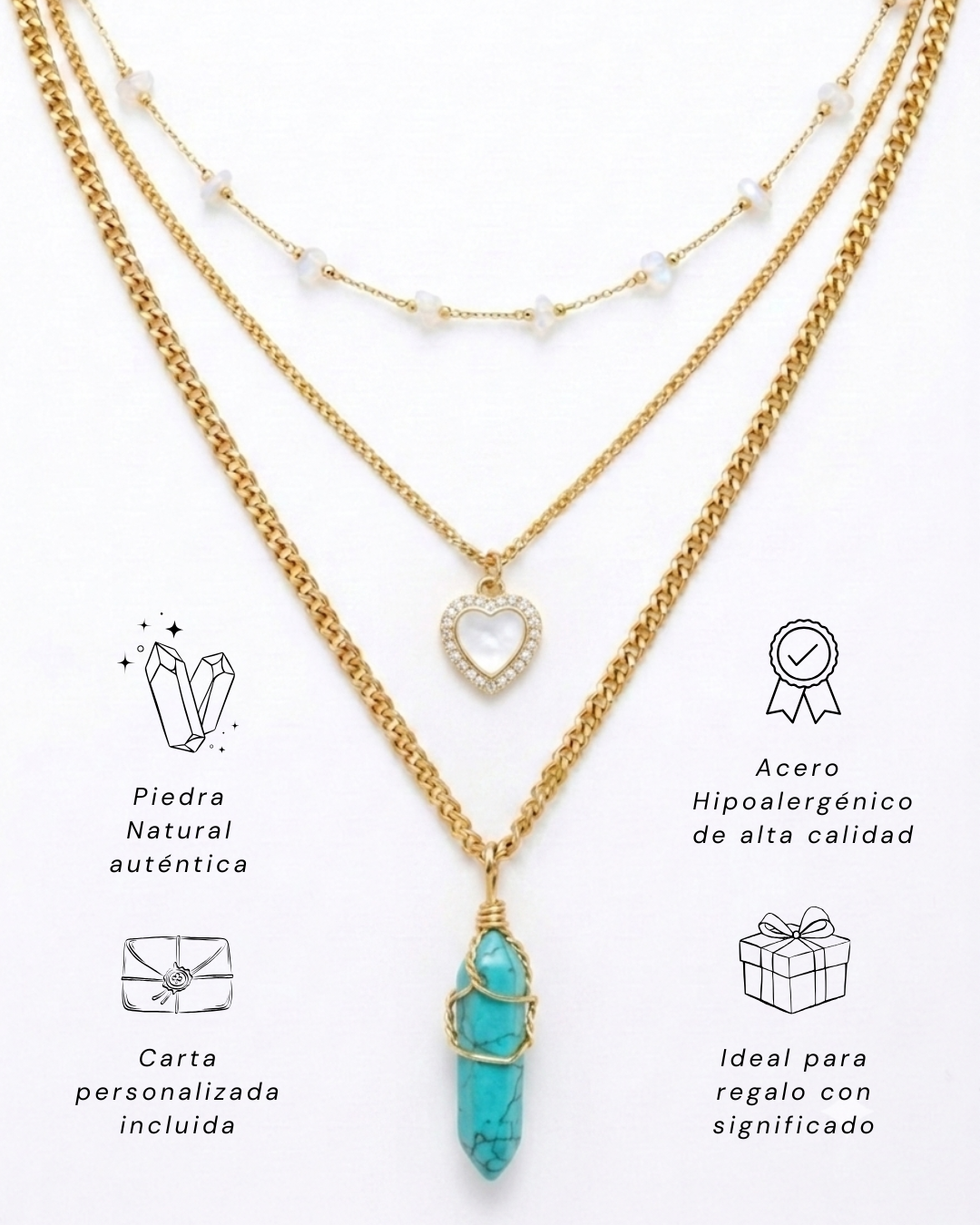 Collar Carolina Turquesa | 3 Cadenas + Carta Zodiacal