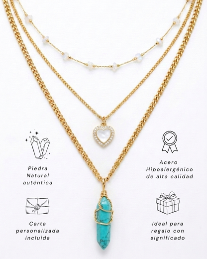 Collar Carolina Turquesa | 3 Cadenas + Carta Zodiacal