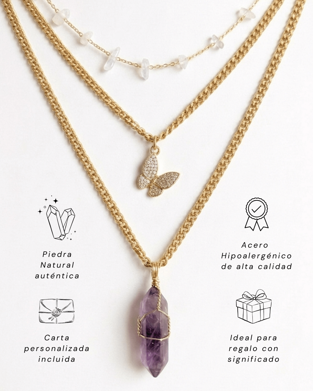 Collar Carolina Amatista | 3 Cadenas + Carta Zodiacal