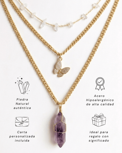 Collar Carolina Amatista | 3 Cadenas + Carta Zodiacal