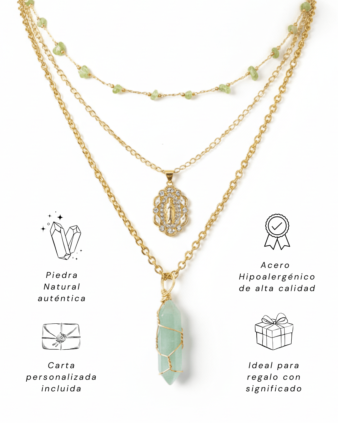 Collar Carolina Aventurina Verde | 3 Cadenas + Carta Zodiacal