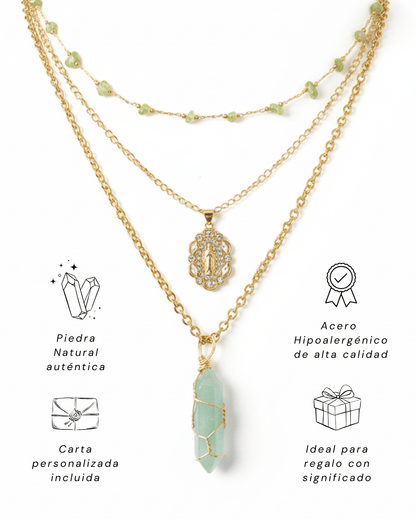 Collar Carolina Aventurina Verde | 3 Cadenas + Carta Zodiacal