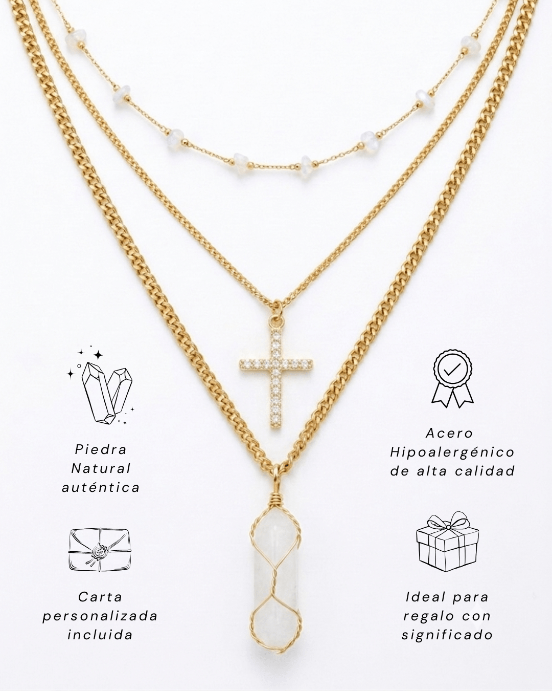 Collar Carolina Cuarzo Blanco | 3 Cadenas + Carta Zodiacal