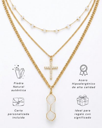 Collar Carolina Cuarzo Blanco | 3 Cadenas + Carta Zodiacal