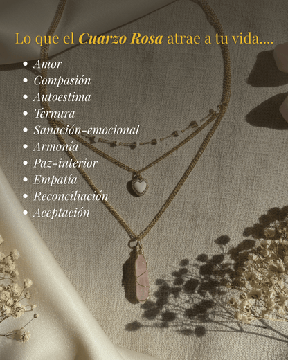 Collar Carolina CUARZO ROSA (3 cadenas) + Carta Zodiacal
