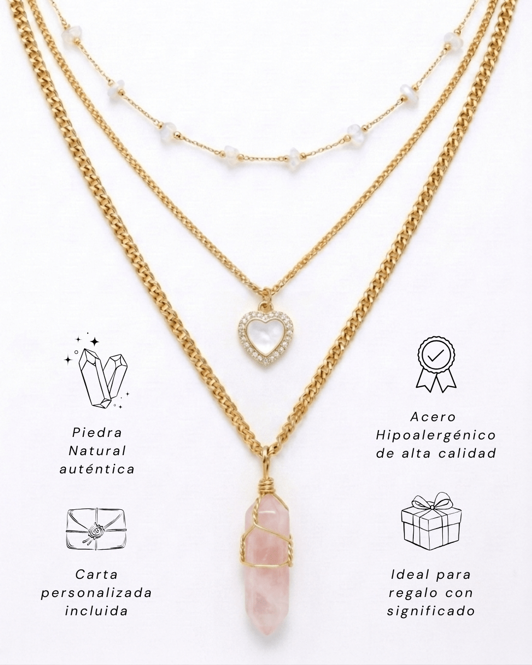 Collar Carolina CUARZO ROSA (3 cadenas) + Carta Zodiacal