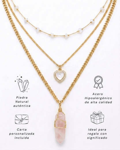 Collar Carolina CUARZO ROSA (3 cadenas) + Carta Zodiacal