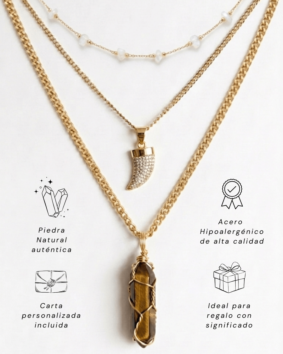Collar Carolina Ojo de Tigre | 3 Cadenas + Carta Zodiacal