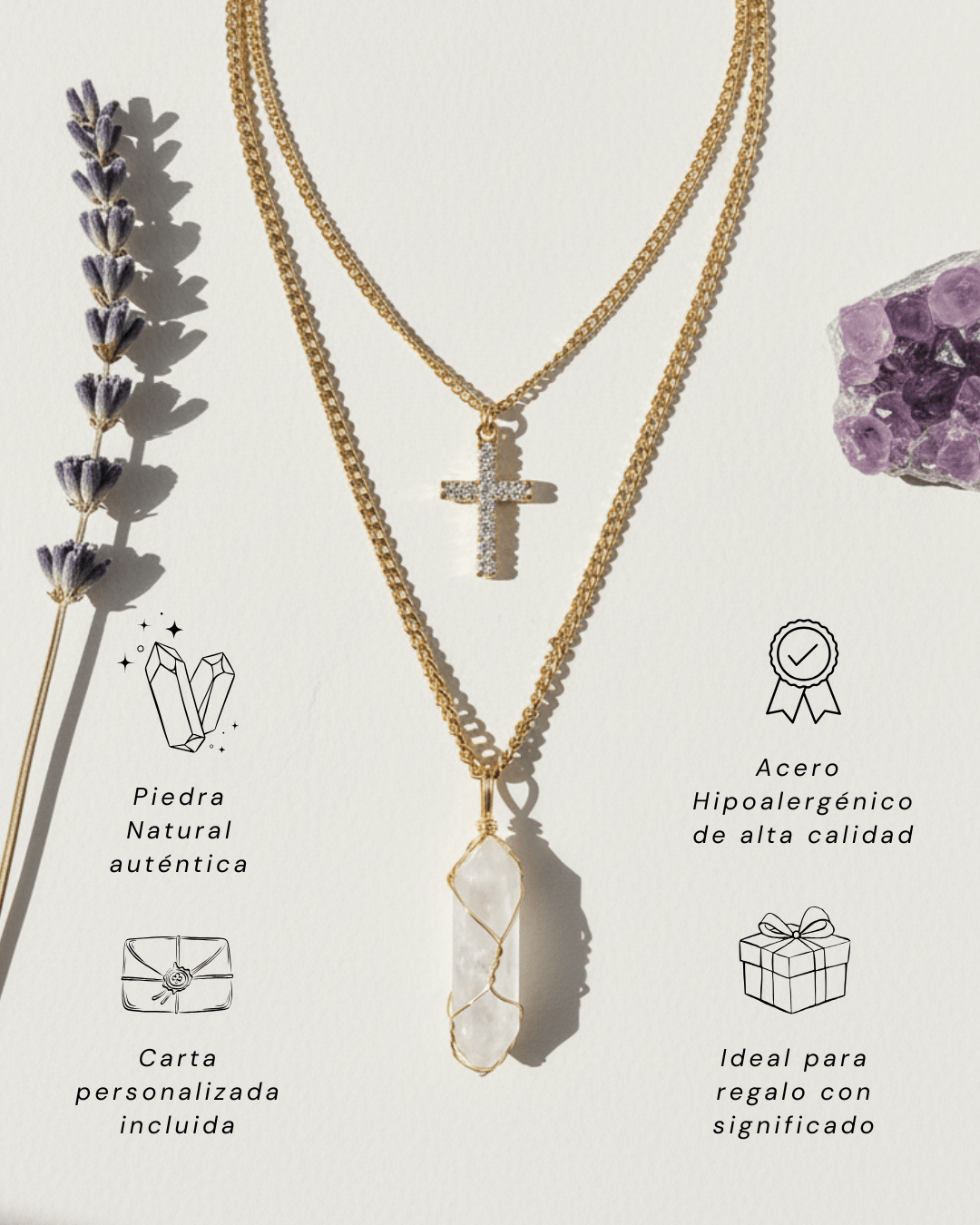 Collar Ismelia CUARZO BLANCO (2 cadenas) + Carta Zodiacal