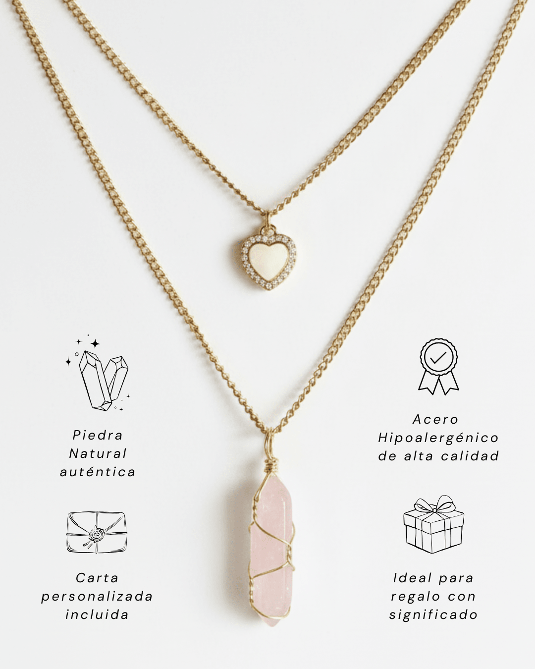 Collar Ismelia CUARZO ROSA (2 cadenas) + Carta Zodiacal