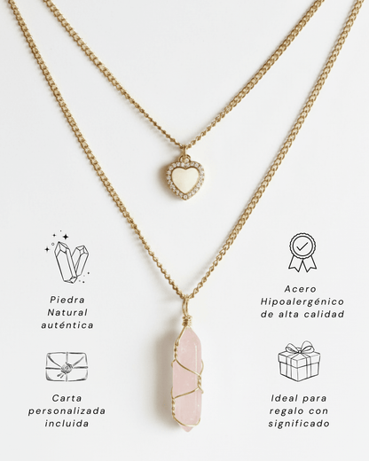 Collar Ismelia CUARZO ROSA (2 cadenas) + Carta Zodiacal